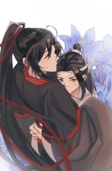 Rule 34 | 2boys, aged down, ahoge, black eyes, black hair, black hanfu, blue flower, blush, chinese clothes, closed mouth, fia (fialoveice), floral background, flower, from behind, hair ribbon, hanfu, headband, high ponytail, highres, hug, lan wangji, long hair, long sleeves, looking at another, male focus, modao zushi, multiple boys, ponytail, profile, red ribbon, red sash, ribbon, robe, sash, sidelocks, simple background, sweatdrop, topknot, upper body, very long hair, wei wuxian, white background, white hanfu, white headband, wide sleeves, yaoi, yellow eyes