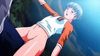 androgynous animated animated_gif blue_hair blush bottomless censored crotch_rub dutch_angle ebata_risa erogos gender_request groin loli love_fetish maki_daikichi masturbation outdoors park reverse_trap rubbing sasamiya_kaoru short_hair