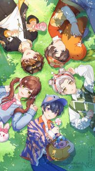 Rule 34 | 1girl, 4boys, :d, :q, absurdres, aged down, animal bag, arm up, artem wing (tears of themis), bag, baseball cap, belt, belt buckle, black belt, black hair, black jacket, black pants, blue eyes, blue hat, blue pants, blue sweater, brown hair, buckle, candy, closed mouth, collared shirt, commentary, donut, dress shirt, flower, food, grass, hair ornament, hairclip, halloween bucket, hat, highres, holding, holding candy, holding food, holding lollipop, jacket, layered sleeves, lollipop, long hair, long sleeves, luke pearce (tears of themis), lying, marius von hagen (tears of themis), multiple boys, navel, necktie, on back, on side, open clothes, open jacket, open mouth, pants, parted lips, party popper, pink necktie, plaid clothes, plaid necktie, pocky, puffy long sleeves, puffy sleeves, purple eyes, rabbit hair ornament, red eyes, red shirt, rosa (tears of themis), safety pin, shirt, short over long sleeves, short sleeves, shoulder bag, sleeves past wrists, smile, sweater, swirl lollipop, t0uka o1, tears of themis, tongue, tongue out, twintails, untranslatable commentary, visor cap, vyn richter (tears of themis), watermark, white flower, white shirt, x hair ornament, yellow eyes