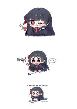 ... 1girl alternate_language black_hair black_jacket black_serafuku black_shirt black_skirt chisa_(wuthering_waves) cut_bangs cutting_hair cutting_own_hair english_text hair_ribbon highres holding holding_scissors hue_oo jacket long_hair long_sleeves looking_at_viewer mole mole_under_eye multiple_views one_eye_closed open_mouth red_eyes red_ribbon ribbon sailor_collar school_uniform scissors serafuku shirt simple_background skirt smile spoken_ellipsis teardrop white_background white_sailor_collar wuthering_waves