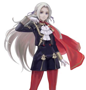 Rule 34 | 1girl, absurdres, ascot, cape, closed mouth, commentary request, edelgard von hresvelg, fire emblem, fire emblem: three houses, garreg mach monastery uniform, gloves, hair ribbon, hand up, heigen no bambi, highres, korean commentary, long hair, long sleeves, looking at viewer, nintendo, pantyhose, purple eyes, purple ribbon, red cape, red pantyhose, ribbon, solo, very long hair, white ascot, white gloves, white hair