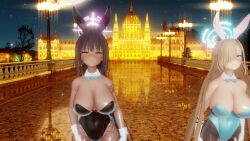 2girls 3d animal_ears animated artist_request ass ass_shake asuna_(blue_archive) asuna_(bunny)_(blue_archive) black_hair black_leotard blue_archive blue_bow blue_bowtie blue_eyes bow bowtie breasts cropped_legs dancing dark-skinned_female dark_skin detached_collar fingering fishnet_pantyhose fishnets grey_background hair_between_eyes halo highres karin_(blue_archive) karin_(bunny)_(blue_archive) large_breasts leotard light_brown_hair long_hair looking_at_viewer mikumikudance_(medium) multiple_girls night night_sky pantyhose playboy_bunny ponytail rabbit_ears rabbit_tail sideboob simple_background sky smile sound tagme tail very_long_hair video