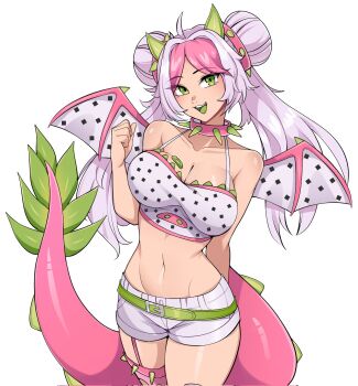 Rule 34 | 1girl, arm behind back, belt, breasts, camisole, cleavage, collarbone, colored tongue, commentary, commission, corrupted twitter file, cowboy shot, crop top, double bun, dragon fruit, dragon girl, dragon horns, dragon tail, dragon wings, english commentary, green belt, green eyes, green horns, hair bun, hair intakes, highres, horns, large breasts, multicolored hair, navel, oninuer, original, personification, pink hair, short shorts, shorts, solo, tail, two-tone hair, white camisole, white hair, wings