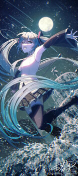 1girl aqua_eyes aqua_necktie black_boots black_skirt boots building cityscape commentary_request detached_sleeves fountain full_moon hatsune_miku headset highres koh_rd long_hair looking_at_viewer meteor_shower moon necktie night open_mouth outstretched_arms pleated_skirt shirt signature skirt sky skyscraper sleeveless sleeveless_shirt solo spread_arms star_(sky) thigh_boots twintails very_long_hair vocaloid water_drop watermark white_shirt wide_sleeves