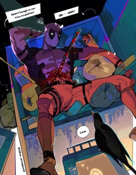 1boy absurdres artist_name beak belt bird black_belt black_bodysuit blood blood_on_clothes blue_octopus12 bodysuit boots brown_footwear commentary crow deadpool deadpool_(series) english_commentary english_text feathered_wings highres in_container in_trash_can lying male_focus marvel multicolored_bodysuit muscular muscular_male on_back red_bodysuit speech_bubble squiggle superhero_costume torn_bodysuit torn_clothes trash_bag trash_can two-tone_bodysuit wings wristband