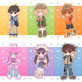 2girls 4boys :d :| \||/ absurdres adjusting_headphones animal_charm animal_ear_headphones animal_ears antenna_hair aqua_shoes aubrey_(birthday)_(omori) aubrey_(faraway)_(omori) aubrey_(omori) bag bag_charm baggy_pants ball bare_shoulders baseball_cap basil_(birthday)_(omori) basil_(faraway)_(omori) basil_(omori) basketball_(object) belt black_bag black_belt black_eyes black_hair black_shirt black_shorts blonde_hair blue_bow blue_eyes blue_jacket blue_outline blue_pants blue_ribbon blue_shoes blue_shorts blush boots border bow braid bright_pupils brother_and_sister brothers brown_bag brown_boots brown_hair brown_hat brown_overalls brown_pants brown_shoes camouflage camouflage_shorts cardigan cardigan_partially_removed character_bag character_charm character_doll charm_(object) chibi chibi_only chinese_commentary chocolate_chip_cookie closed_mouth clothes_writing clothing_cutout collared_jacket collared_shirt commentary_request converse cookie copyright_name crop_top cropped_shirt dark-skinned_male dark_skin deformed denim doll dot_nose double-parted_bangs double_horizontal_stripe drawstring ear_piercing elbow_carry english_text expressionless fake_animal_ears flower_wreath food forest_bunny?_(omori) full_body green_cardigan green_outline green_shoes grey_hat grey_hoodie grid_teeth grin hair_behind_ear hair_between_eyes hair_bow hair_ornament hairclip hand_up handbag hat head_wreath headphones headscarf hector_(omori) hero_(birthday)_(omori) hero_(faraway)_(omori) hero_(omori) highres holding holding_bag holding_ball holding_head_wreath holding_stuffed_toy hood hood_down hoodie jacket jeans kel_(birthday)_(omori) kel_(faraway)_(omori) kel_(omori) kneehighs layered_sleeves leg_hair legs_apart long_hair long_sleeves looking_at_viewer low_ponytail low_twin_braids male_focus mari_(birthday)_(omori) mari_(faraway)_(omori) mari_(omori) mari_(spirit)_(omori) mewo midriff mr._plantegg_(omori) multiple_boys multiple_girls navel newsboy_cap no_sclera official_alternate_costume official_alternate_hairstyle omori open_cardigan open_clothes open_jacket open_mouth orange_background orange_outline orange_shirt outline outside_border outstretched_arm overall_shorts overalls pants parallel_hairclips piercing pink_background pink_bag pink_cardigan pink_hair pink_outline plastic_bag ponytail puffy_long_sleeves puffy_sleeves purple_outline rabbit_ear_headphones rabbit_ears rainbrey_0801 ribbon ribbon-trimmed_pants shirt shoelaces shoes short-sleeved_jacket short_hair short_over_long_sleeves short_ponytail short_sleeves shorts shoulder_bag siblings sidelocks simple_background sleeveless sleeveless_turtleneck smile sneakers socks something_(omori) sparkle standing standing_on_one_leg star_(symbol) stuffed_animal stuffed_toy sunny_(birthday)_(omori) sunny_(omori) sweater tareme thighhighs torn_clothes torn_jeans torn_pants turtleneck turtleneck_shirt turtleneck_sweater twin_braids very_long_hair waving white_border white_cardigan white_headscarf white_jacket white_outline white_pupils white_shirt white_socks white_thighhighs yellow_outline