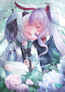 2girls adako_yunagi adapted_costume alternate_costume animal_ears bag black_bow black_bowtie black_hairband black_jacket blurry blush bow bowtie closed_eyes commentary depth_of_field dress_shirt fingernails flower green_sailor_collar grey_hair hairband highres hitodama holding holding_umbrella hydrangea jacket kiss konpaku_youmu konpaku_youmu_(ghost) long_hair multiple_girls necktie outdoors purple_hair rabbit_ears rabbit_girl rain red_necktie reisen_udongein_inaba sailor_collar school_bag school_uniform serafuku shirt short_hair straight_hair touhou transparent transparent_umbrella umbrella upper_body very_long_hair water_drop white_shirt yuri