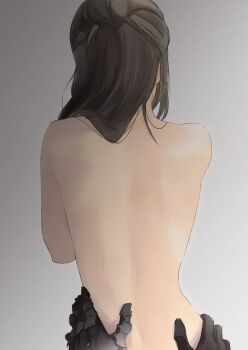 1boy 1girl back bare_back bare_shoulders black_gloves black_hair cloud_strife commentary_request couple final_fantasy final_fantasy_vii final_fantasy_vii:_ever_crisis from_behind gloves gradient_background hair_bun hair_over_shoulder hands_on_another's_hips hetero highres long_hair nude official_alternate_hairstyle pov pov_hands ruka_ika tifa_lockhart tifa_lockhart_(passion_mermaid) upper_body