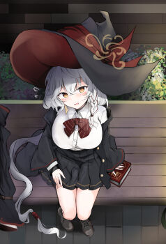 1girl :d absurdly_long_hair arm_at_side bench black_hat black_jacket black_skirt blue_archive blush book bow bowtie braid breasts brown_eyes brown_shoes collared_shirt commentary crossed_bangs diagonal-striped_bow diagonal-striped_bowtie diagonal-striped_clothes dress_shirt eri_(blue_archive) from_above from_side full_body grey_hair hair_between_eyes hair_bobbles hair_ornament halo hand_on_own_thigh hat hat_ribbon highres jacket kuromiko_shoujo lap_pillow_invitation large_breasts long_hair long_sleeves looking_at_viewer looking_up miniskirt on_bench open_clothes open_jacket open_mouth outdoors park_bench pleated_skirt ponytail red_bow red_bowtie red_ribbon ribbon shirt shoes single_braid skirt smile solo striped_bow striped_bowtie striped_clothes very_long_hair white_shirt wide_sleeves witch witch_hat yellow_halo