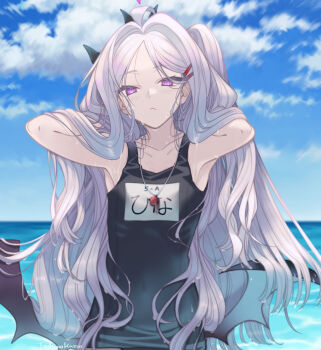 1girl absurdly_long_hair ahoge armpits arms_up blue_archive blue_one-piece_swimsuit blue_sky cloud demon_wings expressionless grey_hair hair_ornament hairpin halo hands_in_own_hair highres hina_(blue_archive) hina_(swimsuit)_(blue_archive) horizon long_hair looking_at_viewer name_tag one-piece_swimsuit one_side_up outdoors parted_bangs purple_eyes school_swimsuit skin_tight sky solo swimsuit toshio upper_body very_long_hair wet wet_hair whistle wings