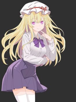 Rule 34 | 1girl, 529205379, alternate costume, black background, blonde hair, bow, bowtie, breasts, buttons, closed mouth, collared shirt, commentary, dress shirt, english commentary, finger to own chin, frilled shirt collar, frills, hat, hat ribbon, highres, long hair, long sleeves, looking at viewer, maribel hearn, mob cap, purple bow, purple bowtie, purple eyes, purple skirt, red ribbon, ribbon, shirt, shirt tucked in, skirt, smile, socks, solo, standing, touhou, white hat, white shirt, white socks
