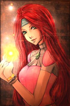 1girl boobledeeboo bracelet breasts elise_alkenridge female_focus forever&#039;s_end gradient_background green_eyes highres jewelry long_hair magic red_hair smile solo upper_body very_long_hair