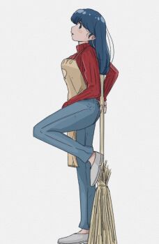 1girl apron blue_eyes blue_hair broom chick_print denim highres holding holding_broom jeans leg_up maison_ikkoku non-web_source otonashi_kyouko pants poppowerhearts print_apron simple_background solo standing standing_on_one_leg