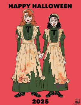 2girls :d artist_name black_hair blood blood_from_mouth cosplay dated english_text frankenstein&#039;s_monster frankenstein&#039;s_monster_(cosplay) fujichika_(icco_8) halloween halloween_costume highres holding_hands long_skirt maid maid_headdress multiple_girls open_mouth red_background red_hair skirt smile stitched_face stitches sukeban_to_tenkousei