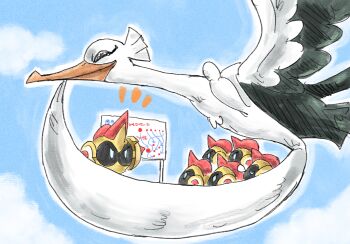 Rule 34 | bird, blue sky, bombirdier, closed mouth, cloud, commentary request, day, falinks, flying, from side, gen 8 pokemon, highres, kicdon, meeting, nintendo, no humans, notice lines, outdoors, outline, pokemon, pokemon (creature), pokemon focus, sky, smile, titan pokemon, white outline, whiteboard