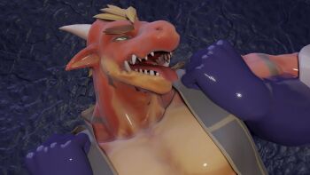 1other 2boys ahegao bara blonde_hair colored_skin delga dragon_boy dragon_horns forked_eyebrows furry furry_male green_eyes highres horns huge_eyebrows implied_sex implied_yaoi kinktober large_pectorals male_focus monster_(game) multiple_boys muscular muscular_male open_mouth pectoral_cleavage pectorals pointy_ears red_skin sharp_teeth short_hair solo sunkevin5885 teeth thick_eyebrows tongue tongue_out upper_body