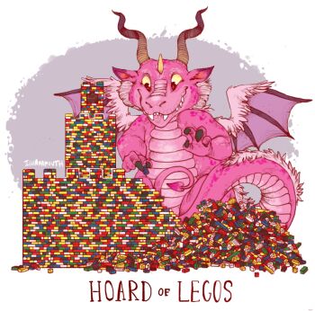 artist_name border brown_eyes brown_horns closed_mouth colored_sclera commentary commission creature creature_focus dragon english_commentary english_text extra_horns fangs fantasy feathers grey_background holding horns iguanamouth lego lego_brick no_humans original pile pink_feathers pink_hair pink_scales pink_tail playing sharp_teeth sitting smile teeth western_dragon white_border wings yellow_horns yellow_sclera