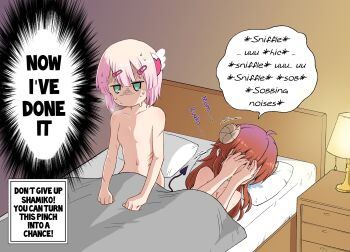 2girls after_rape aftersex ahoge bed brown_hair chiyoda_momo covering_face crying demon_girl demon_horns demon_tail hair_ornament hairclip hard-translated highres horns iberiko_yuri lamp long_hair machikado_mazoku multiple_girls no_nipples nude pink_hair ruined_for_marriage scar short_hair sweat tail third-party_edit translated trembling turn_pale under_covers yoshida_yuuko yuri