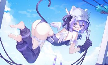 1girl @_@ absurdres arched_back ass backless_leotard barefoot blue_sky breasts cable commentary day demcheg english_commentary floating from_side full_body glasses gloves hat highres holding holding_cable leotard looking_at_viewer looking_to_the_side medium_breasts medium_hair mini_wings open_mouth original outdoors power_lines purple_eyes purple_gloves purple_hair purple_leotard purple_thighhighs sky solo thighhighs white_hat white_wings wings