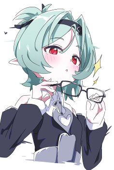 Rule 34 | 1girl, absurdres, bare shoulders, black-framed eyewear, black hairband, black shirt, blush, commentary request, detached sleeves, green hair, hairband, highres, holding, holding removed eyewear, hutsugyou, looking at viewer, mole, mole under eye, open mouth, pointy ears, red eyes, roxy (zenless zone zero), scar, scar on shoulder, shirt, simple background, solo, sparkle, unworn eyewear, white background, zenless zone zero