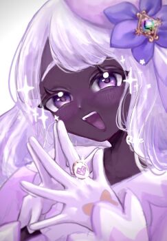 1girl blush dark_skin dress fascinator glint glove_bow gloves gold_ring hands_up highres jacinthe_(pokemon) looking_at_viewer low_drills mega_stone nintendo open_mouth own_hands_together pokemon pokemon_legends:_z-a portrait purple_dress purple_eyes rine8_c smile solo steepled_fingers teeth upper_teeth_only very_dark_skin