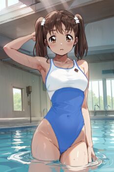 Rule 34 | 1girl, blue one-piece swimsuit, breasts, brown eyes, brown hair, covered navel, cowboy shot, high school fleet, highleg, highleg one-piece swimsuit, highres, indoors, medium breasts, one-piece swimsuit, photo background, pool, pool ladder, shiretoko rin, small breasts, solo, swimsuit, tamura ten, twintails, two-tone swimsuit, wading, water, yokosuka girls marine high school swimsuit