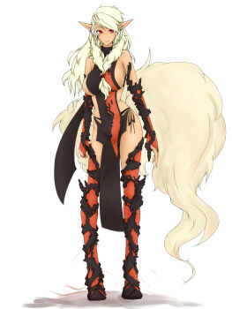 Rule 34 | 1girl, arcanine, bare shoulders, between breasts, black boots, black panties, boots, breasts, bridal gauntlets, dress, emukon, female focus, front ponytail, fur-trimmed boots, fur trim, gen 1 pokemon, gloves, highres, large breasts, legs, long hair, multicolored boots, multicolored legwear, nintendo, orange boots, panties, pelvic curtain, personification, pointy ears, pokemon, ponytail, red eyes, revealing clothes, sideboob, simple background, solo, swept bangs, tail, thigh boots, thighhighs, two-tone boots, two-tone dress, two-tone gloves, underwear, white background, white hair