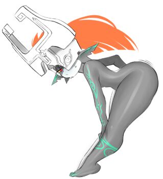 1girl black_skirt colored_skin commentary from_side hand_on_own_knee helmet imp long_hair midna multicolored_skin nintendo one_eye_covered pietrosatou pointy_ears red_eyes red_hair simple_background skirt smile smug solo the_legend_of_zelda the_legend_of_zelda:_twilight_princess thighhighs two-tone_skin unfinished white_background