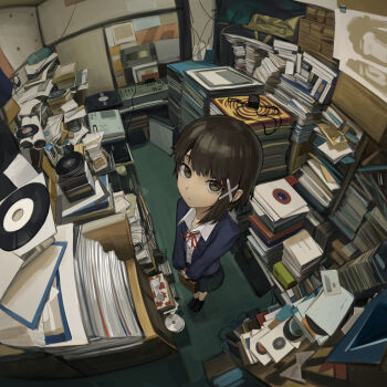 1girl an_yb bag blue_jacket brown_eyes brown_hair buttons cd closed_mouth collared_shirt commentary english_commentary expressionless fisheye from_above green_skirt hair_ornament highres holding holding_bag indoors iwakura_lain jacket loafers long_sleeves looking_at_viewer neck_ribbon neckerchief open_clothes open_jacket paper_stack pleated_skirt red_ribbon ribbon school_bag serial_experiments_lain shirt shoes single_sidelock skirt solo stack standing vinyl_record white_shirt wide_shot x_hair_ornament