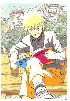 Rule 34 | 1boy, absurdres, black boots, black jacket, blonde hair, blue eyes, book, boots, crossed legs, day, highres, holding, holding book, jacket, kishimoto masashi, multicolored jacket, naruto (series), naruto shippuuden, official art, open-toe boots, open book, orange jacket, orange pants, outdoors, pants, power lines, reading, short hair, sitting, solo, third-party source, tree, two-tone jacket, uzumaki naruto