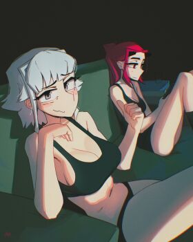 2girls black_background black_panties black_sports_bra black_tank_top blunt_bangs breasts cleavage closed_mouth couch elbow_rest fourth_wall grey_eyes grey_hair highres large_breasts looking_at_viewer multiple_girls on_couch original panties pointing pointing_at_another pointing_with_thumb red_eyes red_hair shibansfw short_hair sitting smile sports_bra tank_top underwear