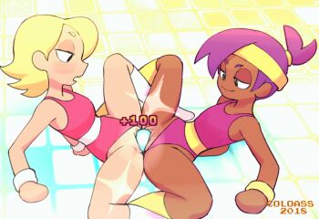2018 2girls animated animated_gif arm_support artist_name blush clothed_sex clothing_aside colo_(nagrolaz) dark-skinned_female dark_skin dildo double_dildo elodie_(ok_k.o.!) enid_(ok_k.o.!) headband high_ponytail kneehighs large_insertion leotard leotard_aside looking_at_another multiple_girls ok_k.o.!_let's_be_heroes open_mouth ponytail purple_hair pussy sex sex_toy shared_object_insertion short_hair short_ponytail sleeveless smile socks spread_legs uncensored vaginal white_legwear wristband yellow_headband yellow_legwear yuri