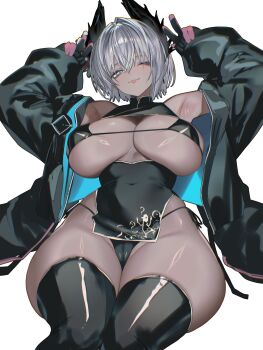 1girl ;p absurdres alternate_breast_size_(larger) arknights armpits bikini black_bikini black_coat black_gloves black_thighhighs breasts cameltoe china_dress chinese_clothes coat commentary_request dark-skinned_female dark_skin dress feather_hair gloves grey_eyes grey_hair highres huge_breasts looking_at_viewer one_eye_closed raidian_(arknights) short_hair simple_background solo swimsuit thighhighs thighs tongue tongue_out vxdrq white_background