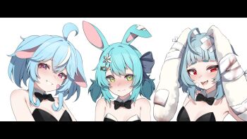 Rule 34 | 3girls, :3, :d, @ @, ahoge, alternate costume, animal ears, bandages, bandaid, bandaid on face, black bow, black bowtie, black leotard, blood, bloody bandages, blue hair, blunt bangs, blush, bow, bowtie, breasts, cleavage, commentary, detached collar, english commentary, fish hair ornament, flower ornament, folded ear, grin, hair between eyes, hair bow, hair ornament, hairpin, highres, hikimayu, indie virtual youtuber, krumroll, leotard, looking at viewer, lop rabbit ears, multicolored hair, multiple girls, nanobites, open mouth, para (vtuber), pink eyes, playboy bunny, purple bow, rabbit ears, red eyes, sharp teeth, short hair, sidelocks, smile, streaked hair, tareme, teeth, tsurime, upper body, valefal coneri, virtual youtuber, white background, yellow eyes