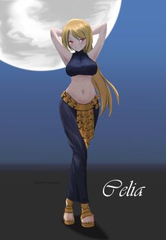 1girl belt blonde_hair breasts celia character_name closed_mouth collarbone crop_top final_fantasy final_fantasy_tactics full_body full_moon hands_in_own_hair highres jewelry large_breasts long_hair midriff moon navel red_eyes sandals sleeveless sleeveless_turtleneck smile solo spherewind1 toes turtleneck twitter_username two-tone_background yellow_sandals
