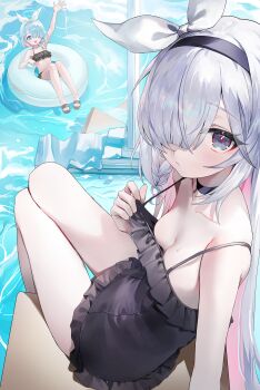 2girls :/ absurdres alternate_costume arm_up arona_(blue_archive) bare_arms bare_legs bare_shoulders bikini black_bikini black_choker black_hairband black_one-piece_swimsuit black_sandals blue_archive blue_eyes blue_hair blush bow_hairband braid breasts choker closed_mouth clothes_pull collarbone colored_inner_hair feet frilled_bikini frilled_one-piece_swimsuit frills grey_eyes grey_hair hair_between_eyes hair_over_one_eye hair_ribbon hairband hand_up highres huge_filesize knees_up light_blush loli long_hair looking_at_viewer minojko112 multicolored_hair multiple_girls on_innertube on_water one-piece_swimsuit one-piece_swimsuit_pull one_eye_covered open_mouth pink_hair plana_(blue_archive) pulling_own_clothes ribbon sandals sidelocks single_braid sitting small_breasts smile swim_ring swimsuit thigh_gap thighs toes two-tone_hair very_long_hair waving white_hairband white_ribbon