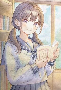 1girl book bookshelf brown_eyes brown_hair center-flap_bangs closed_mouth commentary_request double-parted_bangs fingernails grey_sailor_collar grey_skirt hair_tie highres holding holding_book indoors long_hair long_sleeves looking_at_viewer mochimochi_829 neckerchief open_book original pleated_skirt sailor_collar school_uniform serafuku shirt skirt smile solo traditional_media twintails twitter_username upper_body watermark white_neckerchief white_shirt