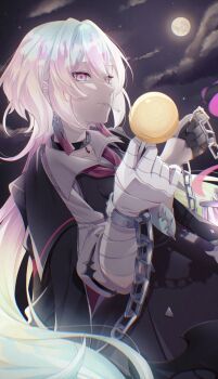 1boy 1girl bandaged_arm bandaged_hand bandages black_choker black_gloves black_jacket black_vest candy chain choker cloud cloudy_sky collared_shirt cuffs earrings food full_moon gloves gradient_hair hair_between_eyes highres holding holding_candy holding_food holding_lollipop honkai_(series) honkai_impact_3rd jacket jewelry lantern_(honkai_impact) leyn_illust lollipop long_hair looking_at_viewer male_focus moon mouth_hold multicolored_hair necktie night night_sky outdoors pink_eyes pink_hair red_necktie shirt single_glove sky solo star_(sky) upper_body very_long_hair vest white_hair white_shirt