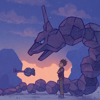 Rule 34 | 1boy, brock (pokemon), brown hair, clenched hands, closed eyes, closed mouth, cloud, commentary request, crossed arms, gen 1 pokemon, geodude, horns, lowres, nintendo, onix, open mouth, pants, pokemon, pokemon (anime), pokemon (classic anime), pokemon (creature), punching, rock, shoes, short hair, single horn, spiked hair, star (sky), tan, yoshida (penguindynamite)