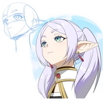 1girl absurdres blue_sky capelet commentary cropped_shoulders earrings elf english_commentary frieren gold_trim green_eyes grey_hair hair_over_shoulder highres jewelry long_pointy_ears looking_up parted_bangs pointy_ears rmfladustmqwkd shirt sketch sky solo sousou_no_frieren striped_clothes striped_shirt teardrop_earrings thick_eyebrows twintails upper_body upward_angle_frieren_drawing white_background white_capelet