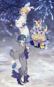 Rule 34 | 2boys, black kimono, blonde hair, blue eyes, blue fur, blue hair, body fur, carrying, digimon, digimon (creature), digimon adventure, fireworks, gabumon, glasses, gomamon, green eyes, group picture, highres, ishida yamato, japanese clothes, kido jo, kimono, lanlllan, mohawk, multiple boys, piggyback, red eyes, red hair, short hair, standing, white fur, white kimono