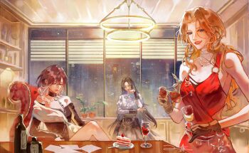 Rule 34 | 3girls, arm under breasts, augustus (path to nowhere), black gloves, cake, cake slice, commentary, crossed legs, cup, dress, english commentary, food, gloves, hand up, highres, holding, holding cup, holding removed eyewear, looking at viewer, macaronnz, multiple girls, path to nowhere, red dress, shalom (city never sleeps) (path to nowhere), shalom (path to nowhere), shin (path to nowhere), sitting, smile, standing, table, unworn eyewear