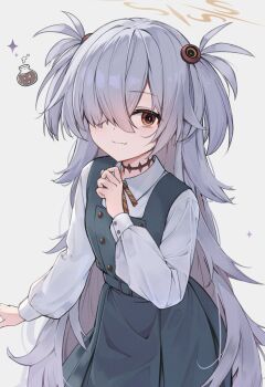 1girl :3 blue_archive brown_halo brown_ribbon diagonal-striped_ribbon dress flask hachita_(odangoya) hair_over_one_eye halo highres kanoe_(blue_archive) long_hair looking_at_viewer messy_hair orange_eyes pinafore_dress ribbon round-bottom_flask scar scar_on_neck simple_background sleeveless sleeveless_dress solo sparkle tilted_halo two_side_up very_long_hair white_background white_hair