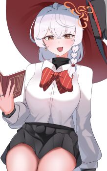 1girl absurdres ahoge black_hat black_jacket black_skirt blue_archive blush book bow bowtie braid breasts collared_shirt commentary_request diagonal-striped_bow diagonal-striped_bowtie diagonal-striped_clothes eri_(blue_archive) hair_between_eyes hat highres jacket large_breasts long_hair long_sleeves looking_at_viewer open_mouth red_bow sabnak66 shirt side_braid simple_background single_braid skirt smile solo striped_bow striped_bowtie striped_clothes very_long_hair white_background white_hair white_shirt witch_hat yellow_eyes