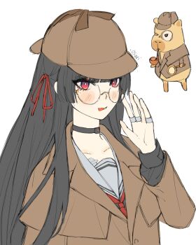 .osari 1girl adjusting_eyewear alternate_costume artist_name bespectacled black_choker black_hair brown_hat brown_jacket capybara chisa_(wuthering_waves) choker collarbone detective disguise glasses hair_ribbon hand_up hat highres jacket long_hair looking_at_viewer red_eyes red_ribbon ribbon round_eyewear sailor_collar simple_background solo white_background white_sailor_collar wuthering_waves