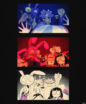 1other 2boys 3girls bow chess_piece clenched_hand commentary curly_hair english_commentary foog_(ppppppuri) fur_collar furry furry_male gangle_(the_amazing_digital_circus) gloves hair_bow hat highres jax_(the_amazing_digital_circus) jester_cap king_(chess) kinger_(the_amazing_digital_circus) multiple_boys multiple_girls pomni_(the_amazing_digital_circus) push-button rabbit_boy ragatha_(the_amazing_digital_circus) signature tears the_amazing_digital_circus zooble_(the_amazing_digital_circus)