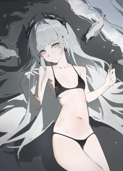 1girl absurdres arknights beach bikini bird black_bikini breasts bullet collarbone commentary cross_scar dot_nose expressionless grey_eyes grey_hair groin hair_intakes hair_spread_out hand_in_own_hair head_wings highres holding holding_bullet irene_(arknights) long_hair looking_at_viewer lying navel on_back outdoors ren_er_nu_zi_kou_gui scar scar_across_eye scar_on_face seagull small_breasts solo swimsuit symbol-only_commentary wings