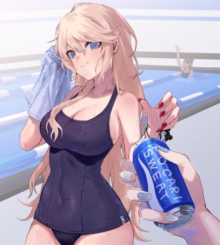 asahina_aoi blonde_hair blue_eyes breasts can cleavage danganronpa_(series) drink_can drying drying_body enoshima_junko highres holding holding_towel hy_(fjvlg) lane_line one-piece_swimsuit partially_submerged pool poolside red_nails school_swimsuit silver_nails soda_can swimsuit teddy_bear_ornament towel wet