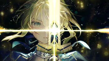 1girl armor artoria_pendragon_(fate) bleeding blonde_hair blood blood_on_face bow bowtie cropped_shoulders cuts excalibur_(fate/stay_night) fate/stay_night fate_(series) floating_hair glowing glowing_sword glowing_weapon green_hair highres holding holding_sword holding_weapon injury light_particles looking_at_viewer nigiri parted_lips ribbon saber_(fate) short_hair sword weapon