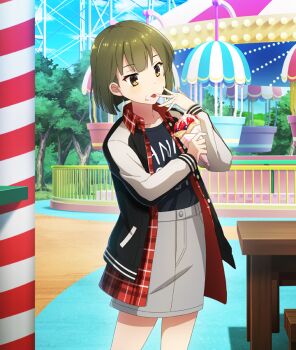 1girl amusement_park ban_tsugumi bench black_jacket blue_shirt blue_sky blunt_ends bob_cut clothes_writing cowboy_shot cream cream_on_face cream_on_finger crepe day dot_nose food food_on_face fruit game_cg green_hair grey_shorts hands_up holding holding_crepe holding_food jacket licking_own_finger long_sleeves official_art open_clothes open_jacket open_shirt outdoors plaid_clothes plaid_shirt pole railing roller_coaster shirt short_hair shorts sky solo strawberry table third-party_source toji_no_miko toji_no_miko:_kizamishi_issen_no_tomoshibi tongue tongue_out tree unbuttoned wooden_bench wooden_table yellow_eyes